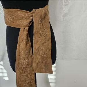 Tan Suede Fabric Tie Scarf Embroidered Western Bohemian Hippie Tribal 3"×16"